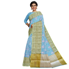 Talahi Collections Pastel Blue Floral Saree with Gold Jacquard Border - Party Wear Saree