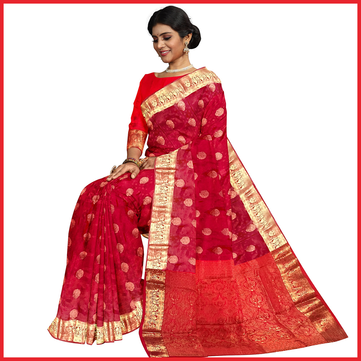 Talahi Collections Banarasi-Style Red Saree with Gold Zari Border - Party Wear Saree