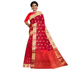 Talahi Collections Banarasi-Style Red Saree with Gold Zari Border - Party Wear Saree