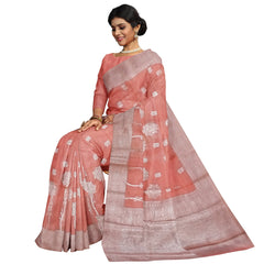 Talahi Collections Pastel Peach Silk Blend Woven Saree with Silver Border - Party Wear Saree