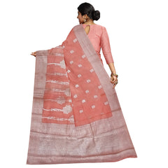 Talahi Collections Pastel Peach Silk Blend Woven Saree with Silver Border - Party Wear Saree