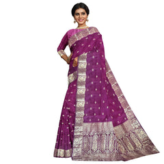 Talahi Collections Banarasi-Style Purple Silk Saree with Silver Zari Border - Wedding & Party Wear