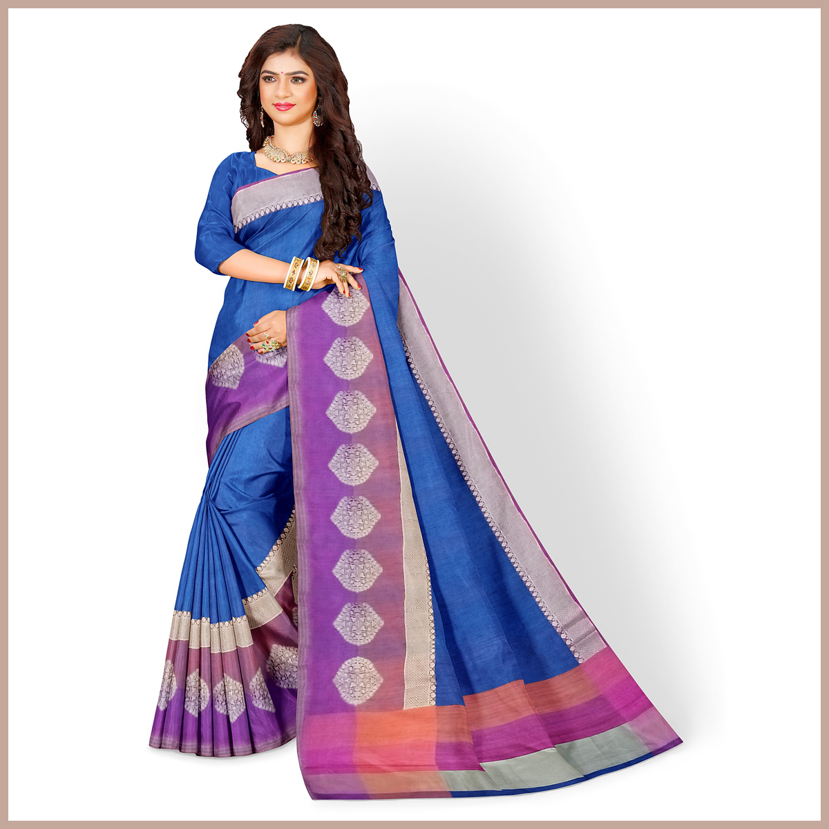 Talahi Collections Blue & Purple Silk Blend Party Wear Saree with Contrast Border - Saree