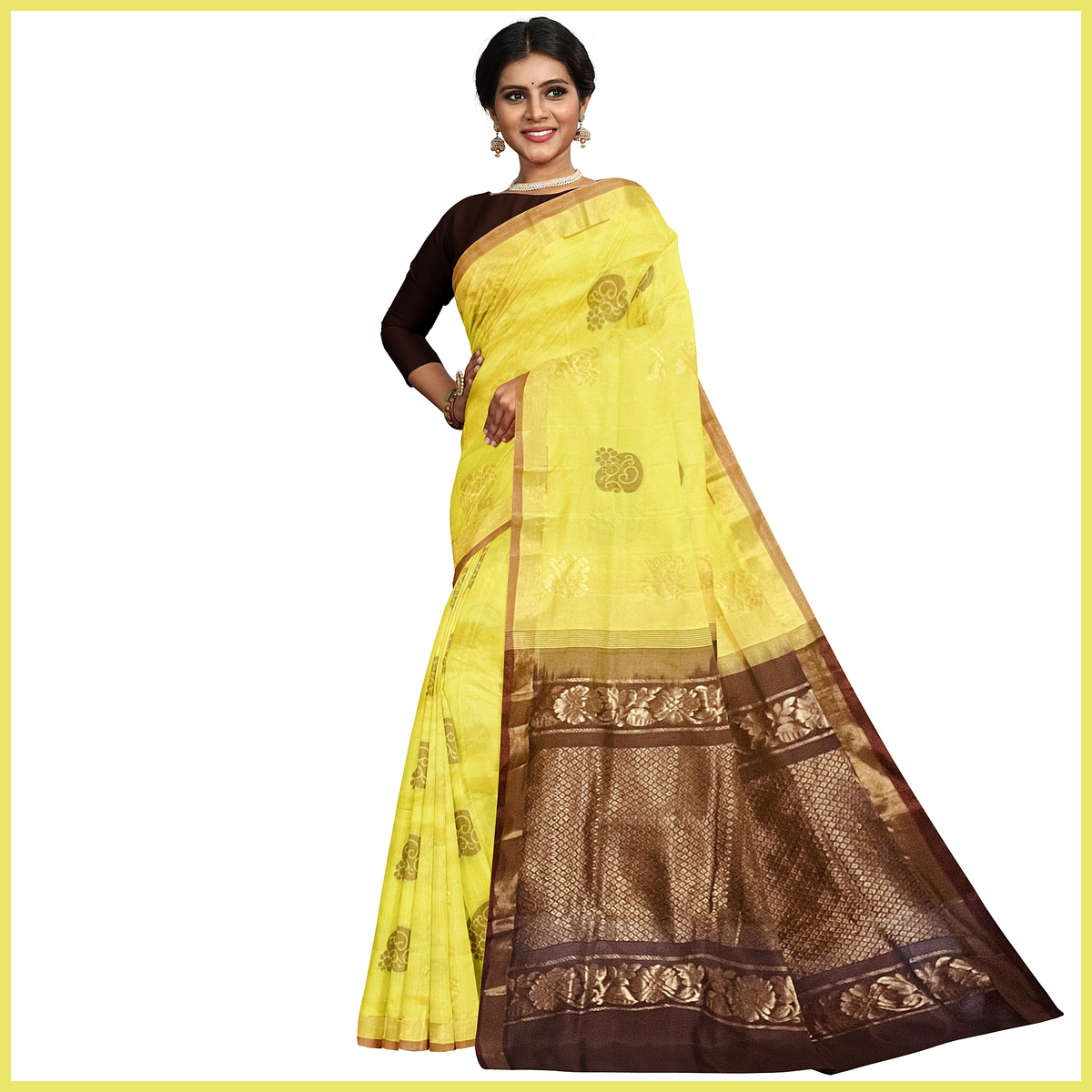 Talahi Collections Yellow Banarasi Silk Blend Saree with Zari Border - Wedding Party Wear