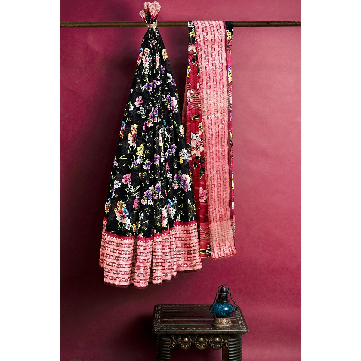 Mangalagiri Handloom Cotton Silk Floral Saree with Contrast Border - Saree