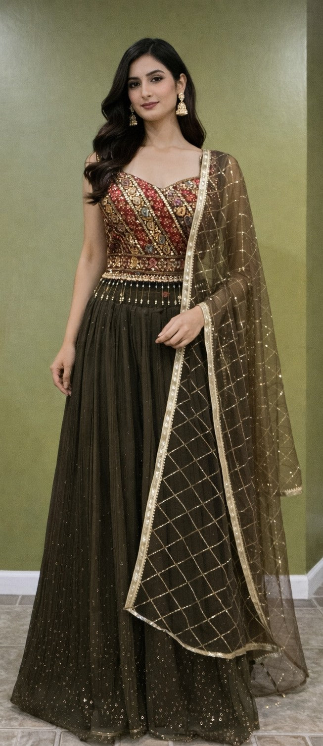 Designer Olive Green Net Lehenga