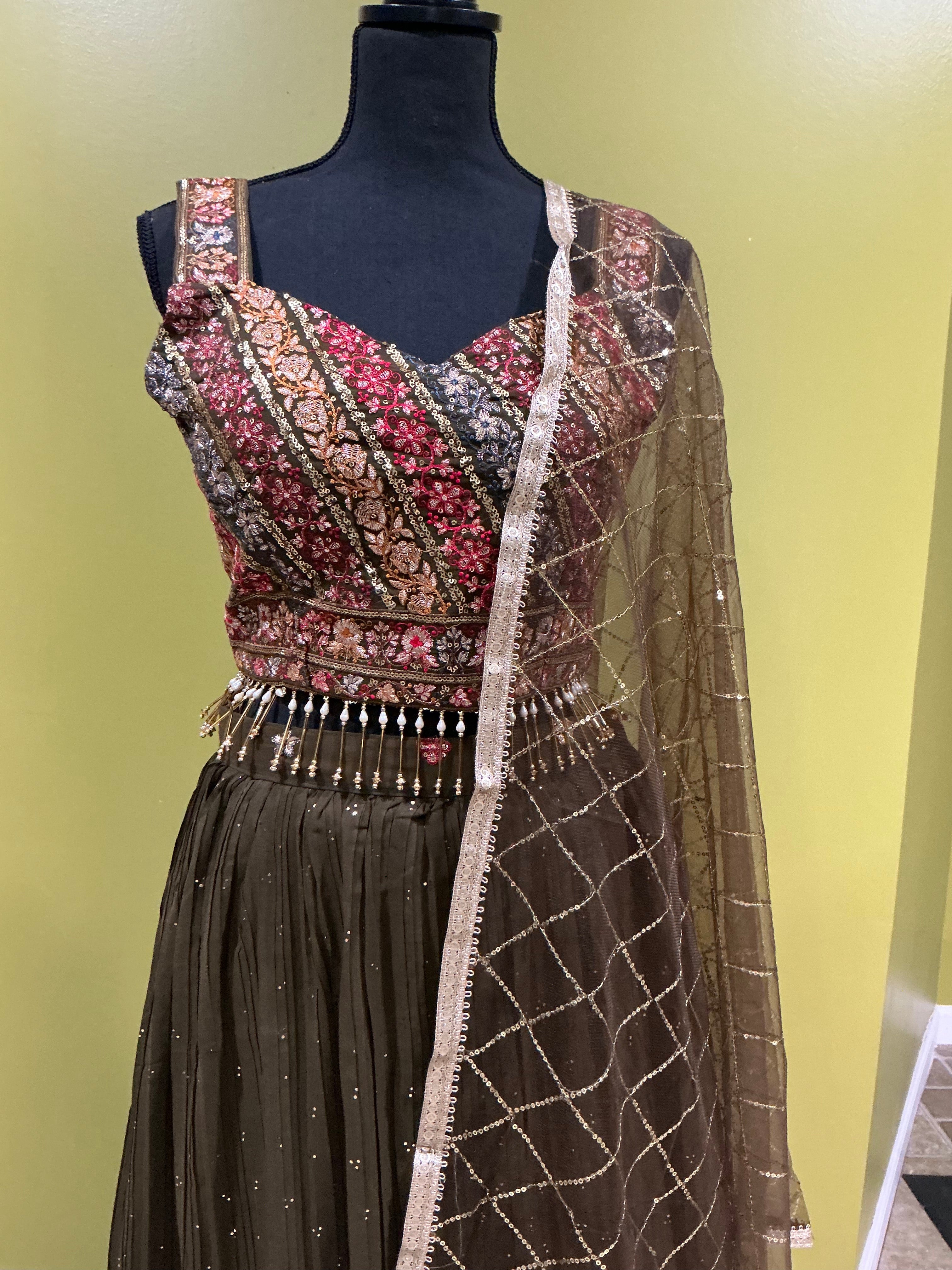Designer Olive Green Net Lehenga