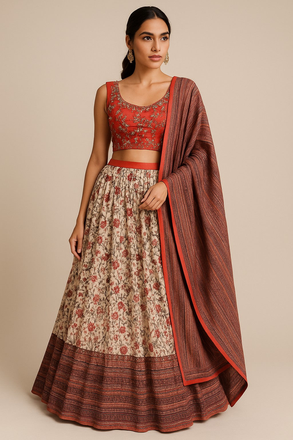 Crushed Silk Floral Lehenga Set Rust Red & Cream with Dupatta - Bridal & Festive Wear