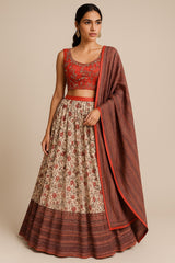 Crushed Silk Floral Lehenga Set Rust Red & Cream with Dupatta - Bridal & Festive Wear