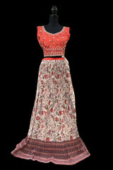 Crushed Silk Floral Lehenga Set Rust Red & Cream with Dupatta - Bridal & Festive Wear