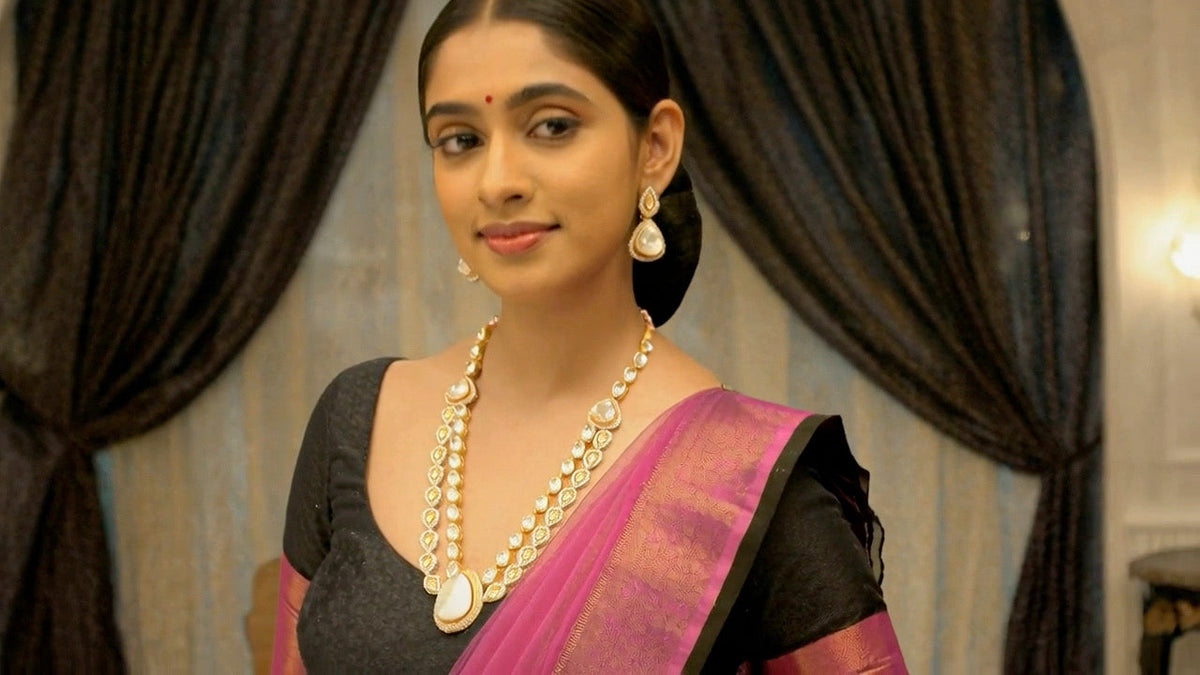 Talahi Double-Layer Polki Long Necklace Set with Teardrop Pendant - Bridal Statement Jewelry