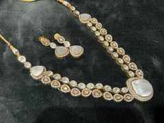 Talahi Double-Layer Polki Long Necklace Set with Teardrop Pendant - Bridal Statement Jewelry