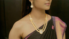 Talahi Double-Layer Polki Long Necklace Set with Teardrop Pendant - Bridal Statement Jewelry