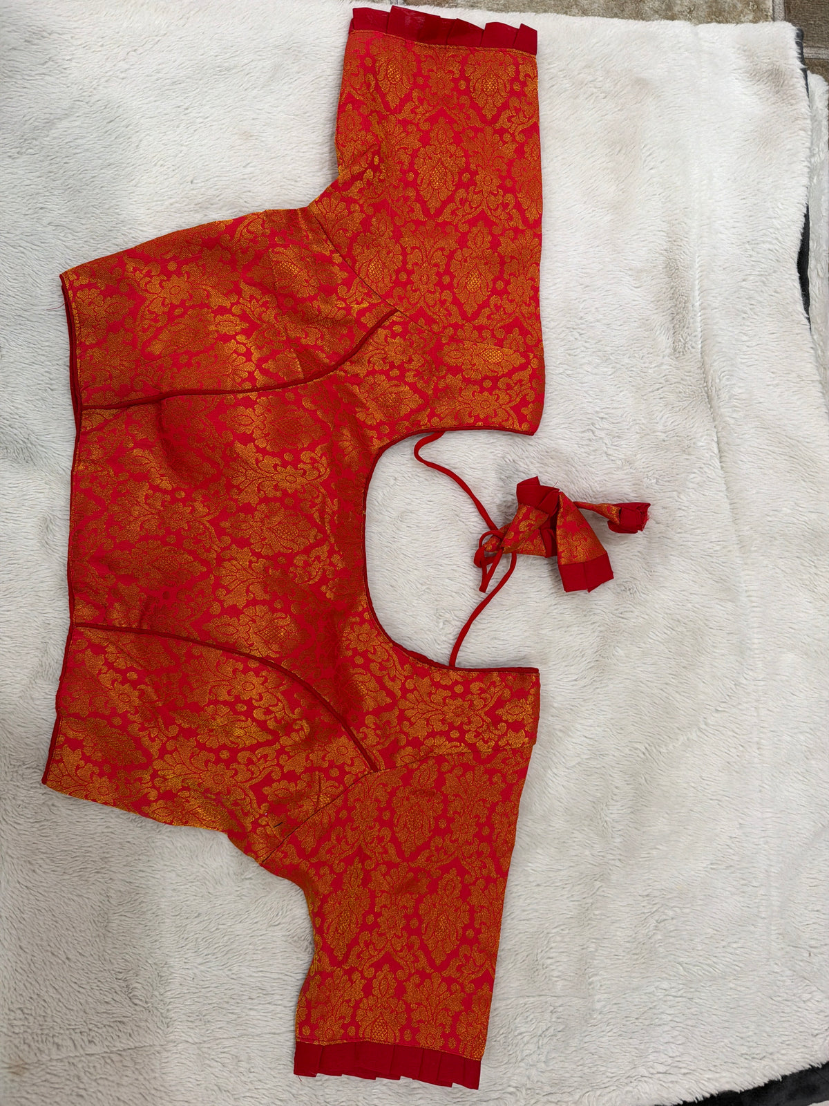 Readymade Stretchable Saree Blouse - Red/Orange Brocade Gold Motif, Size 36-40