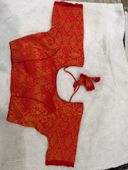Readymade Stretchable Saree Blouse - Red/Orange Brocade Gold Motif, Size 36-40