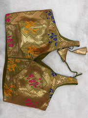 Readymade Stretchable Saree Blouse - Gold Brocade Multicolor Floral, Size 36-40