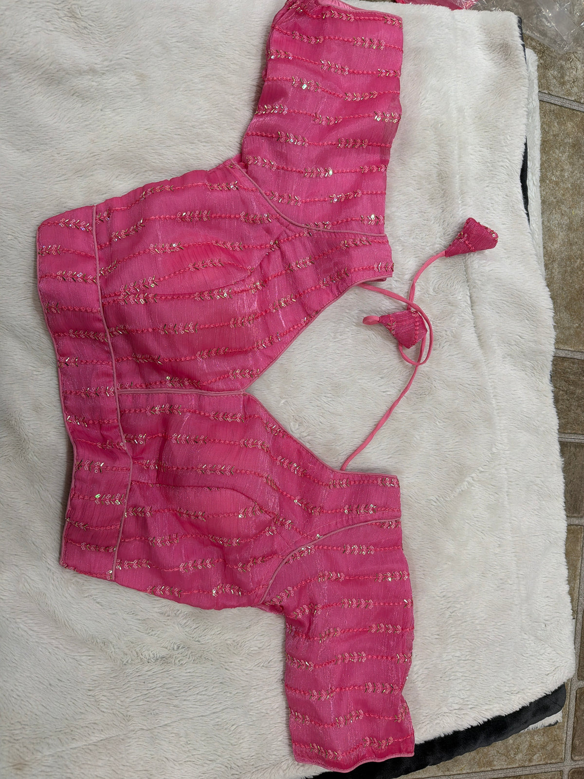 Readymade Stretchable Saree Blouse - Pink Sequin Stripe, Size 36-40