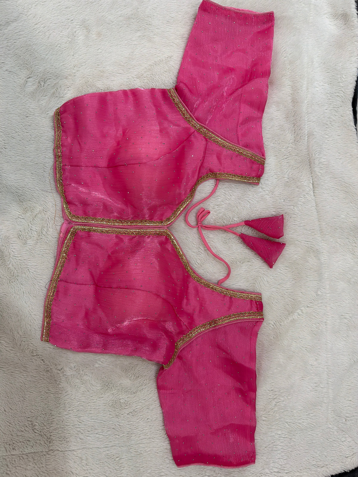Readymade Stretchable Saree Blouse - Pink with Gold Trim, Size 36-40