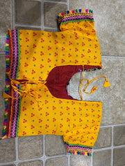 Yellow Bandhani Print Chaniya Choli, Red Mirror-Work Dupatta, 3 Piece Navratri Garba Festive Set