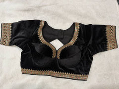 Readymade Stretchable Saree Blouse - Black with Gold Border, Size 36-40