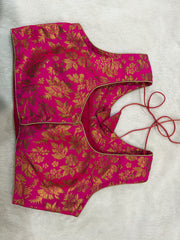 Readymade Stretchable Saree Blouse - Pink/Magenta Brocade Gold Floral, Size 36-40