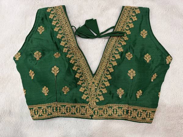 Readymade Stretchable Saree Blouse - Green with Gold Motif and Border, Size 36-40