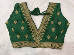 Readymade Stretchable Saree Blouse - Green with Gold Motif and Border, Size 36-40