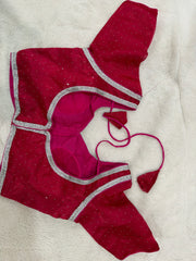 Readymade Stretchable Saree Blouse - Maroon Silk with Silver Stone Border, Size 36-40