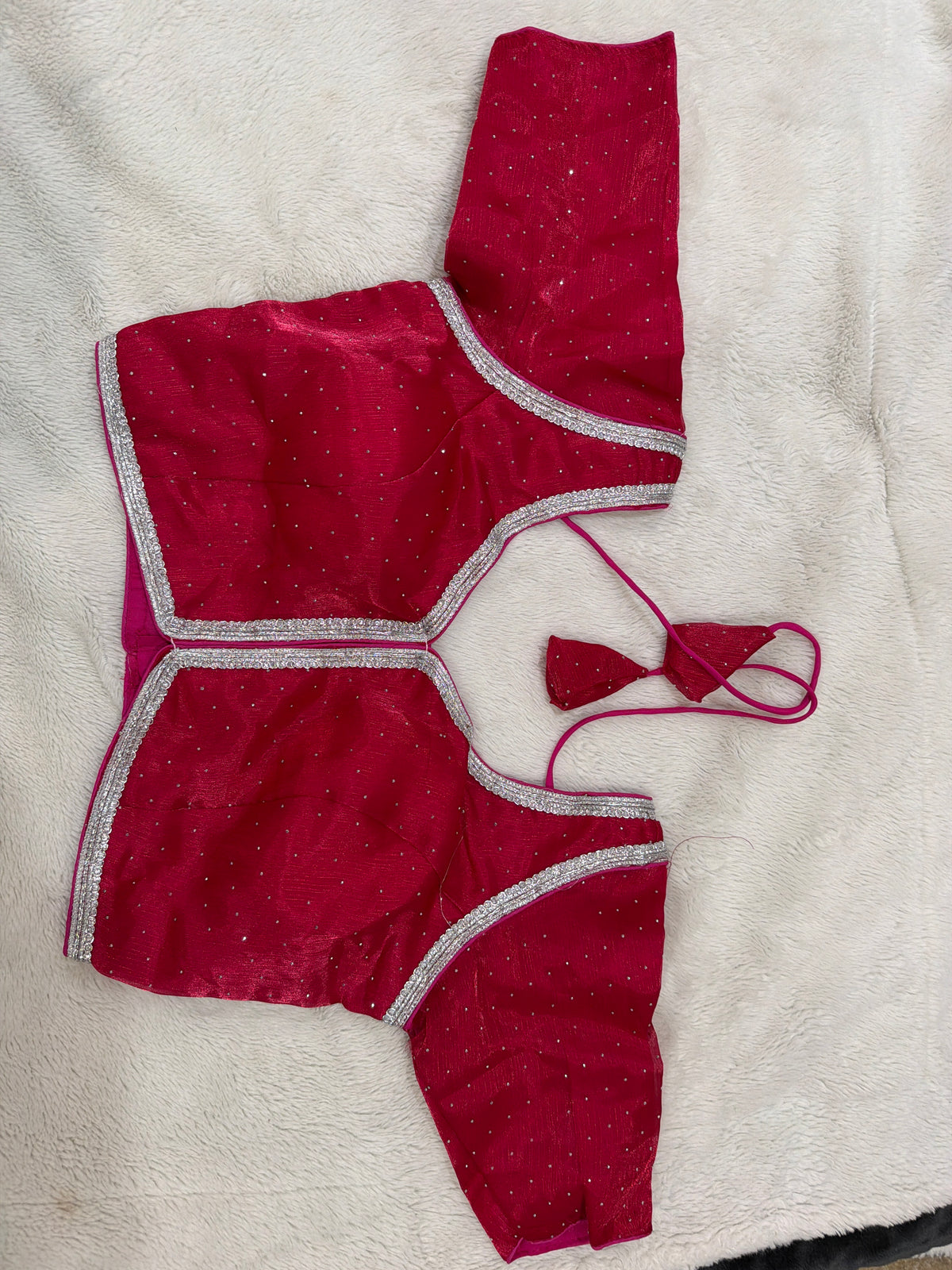 Readymade Stretchable Saree Blouse - Maroon Silk with Silver Stone Border, Size 36-40