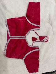 Readymade Stretchable Saree Blouse - Maroon Silk with Silver Stone Border, Size 36-40
